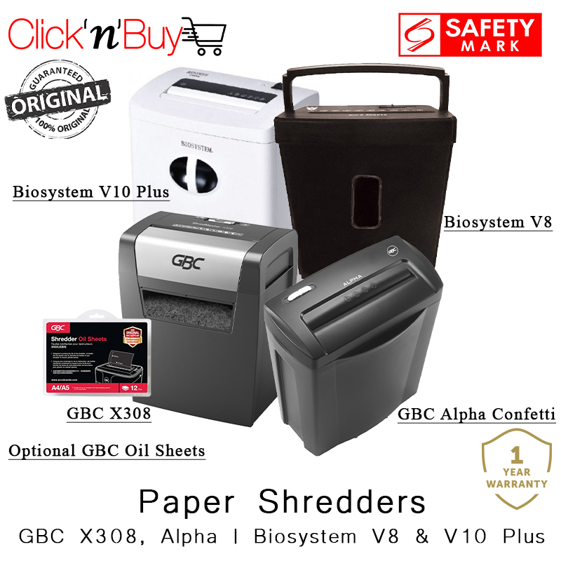 GBC X308 Paper Shredder. GBC Alpha Confetti. Biosystem V8 and V10 Plus Shredder. All with warranty. High reviews. 1 Year Warranty.
