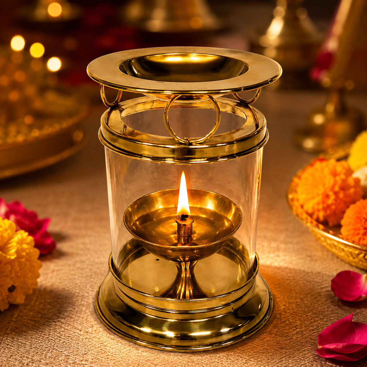 Decorative Brass & Glass Akhand Jyot Diya Oil Lamp for Home Temple Spiritual Decor Pooja and Religious Ceremonies & Return Gifts (Pack of 1 Pc)