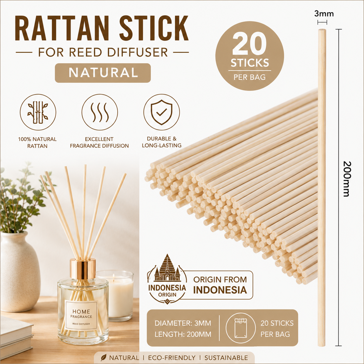 Rattan Reed Stick Premium Grade Reed Rattan Sticks Fiber Stick (Black) - Ecovera