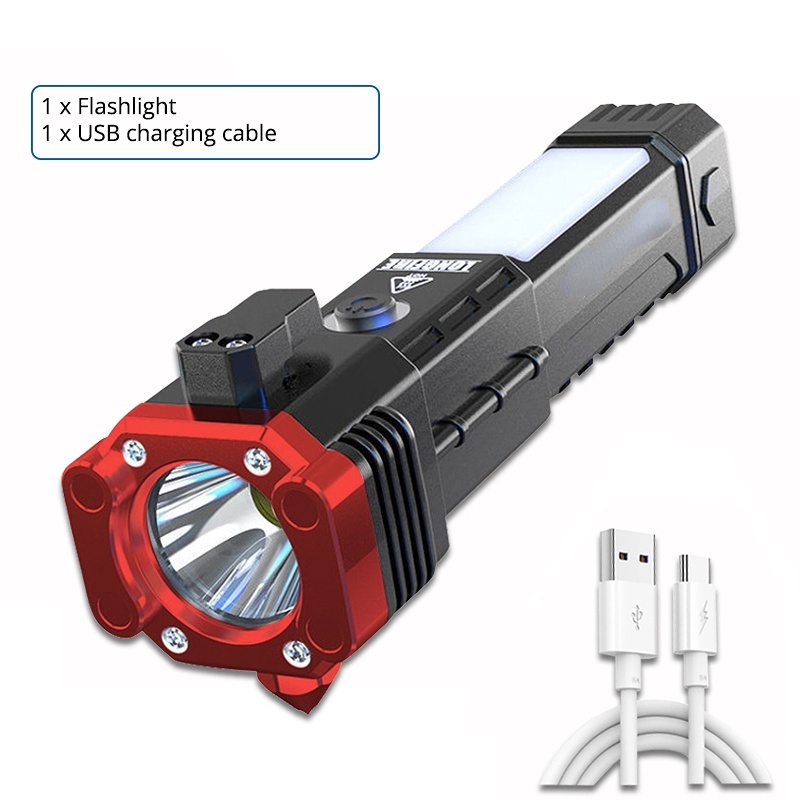 Powerful COB LED Solar Flashlight Car Torch with Safety Hammer Strong Magnet Side Light Portable Lantern for Outdoor Working Emergency