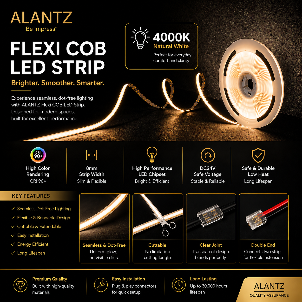 ALANTZ Flexi COB LED Strip Cut into precise length without any limitation 24v High lumen output COB Available in 10 METER Per Reel 3000K/4000K/6000K Singapore Brand Local Warranty 1 YEAR