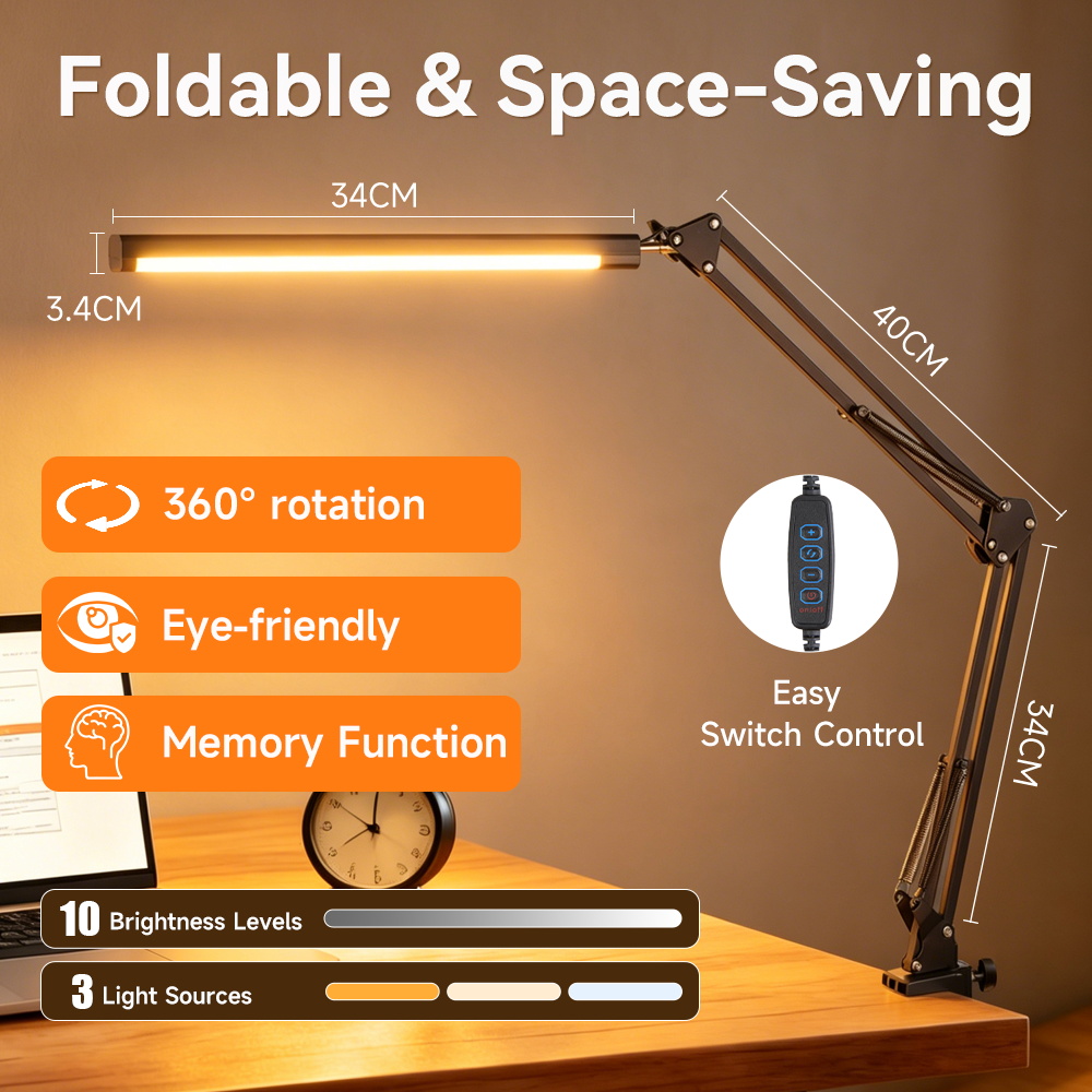 CANMEIJIA LED Table Lamp Dimmable Brightness Double Headed Desk lamp USB Plug 3 Color Modes Desktop Reading Light Foldable Long Arm Computer Monitor Lights with Clip for Office Working Study Eye Protection Lighting Fixture