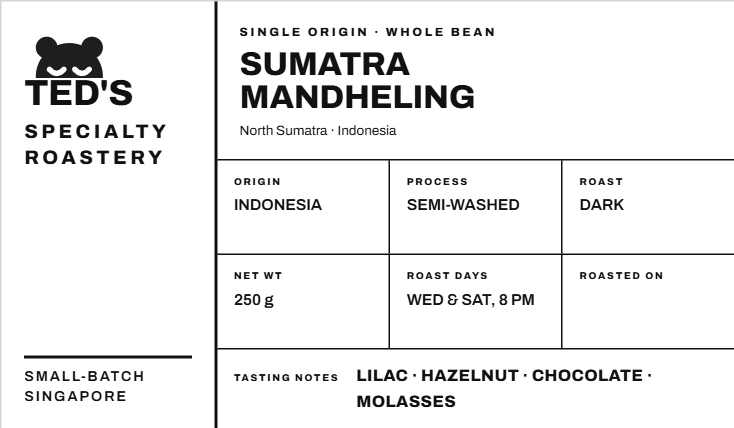 Sumatra Mandheling Semi-Washed Coffee Beans (Dark Roast, Chocolatey) 250 Grams