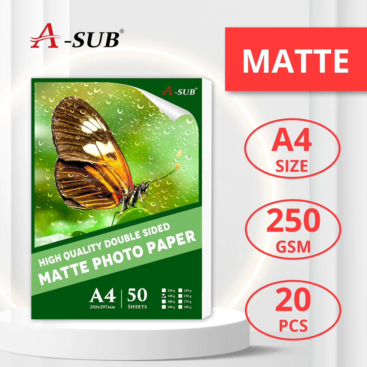 [Double Matte 250gsm] A-SUB Double-Sided A4 Matte Photo Paper 250gsm Matte Inkjet Paper 20pcs Photograph Printing A4 Size Matte Coated Paper