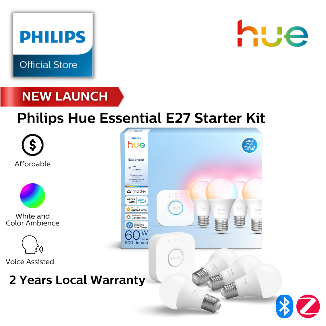 Philips Hue Essential Smart LED E27 Starter Kit White and Color Ambiance 2200K-6500K Dimmable Works with Alexa Google Assistant and Apple Home