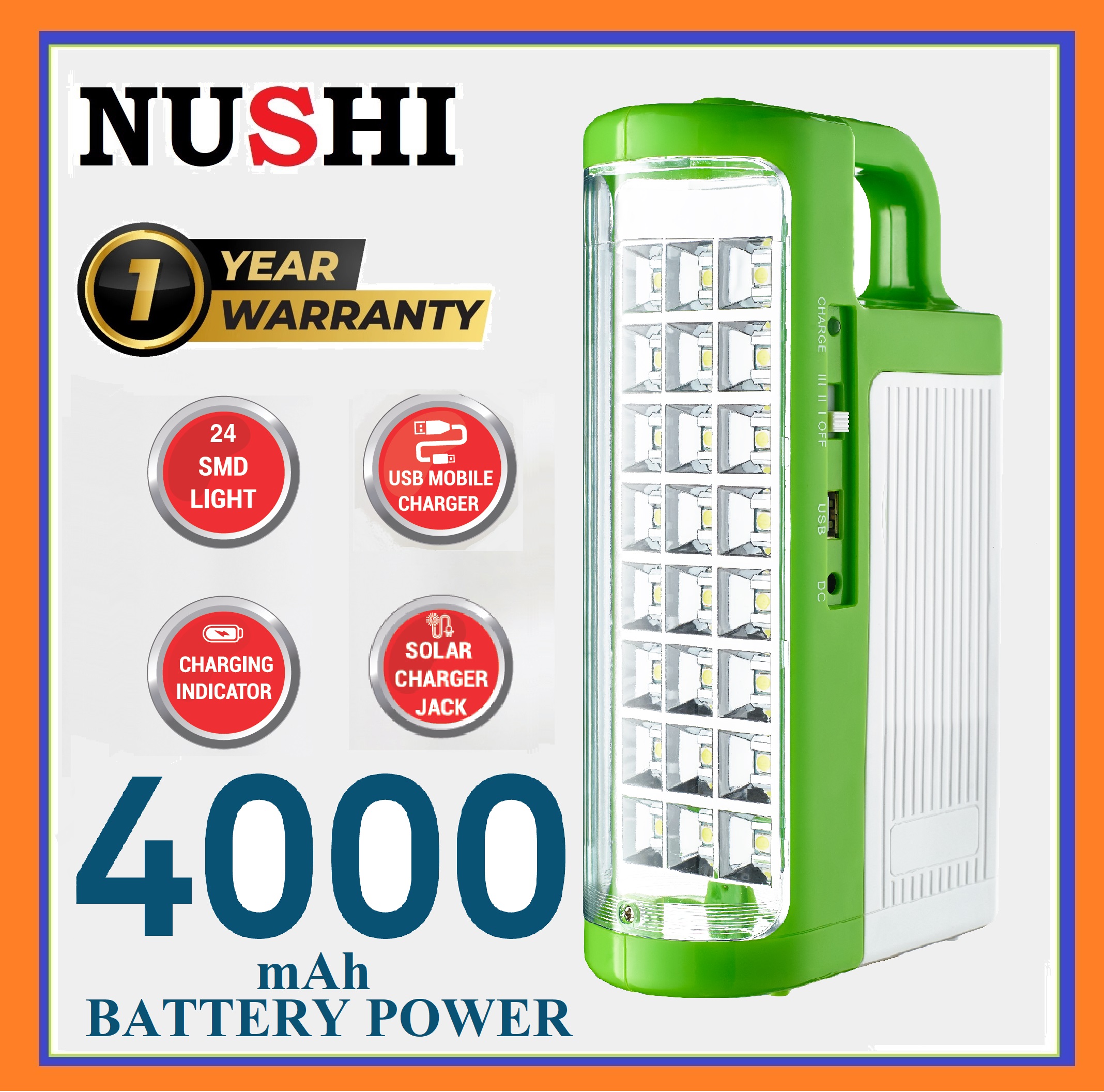 NUSHI NS-2024 RECHARGEABLE EMERGENCY LIGHT / LANTERN / USB CHARGE / 24 SMD LED / CHARGING INDICATOR / 4000 MAH BATTERY POWER / UNBREAKABLE COVER / SUPER BRIGHT LED / 1 YR SG WARRANTY [ FAST SHIPPING ]