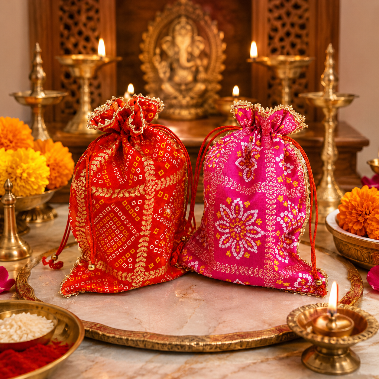 Bandhani Potli Bag Set with Designer Brooch Embellishments | Decorative Gift Pouch for Pooja Return Gifts Jewelry & Festive Storage (Pack of 1 Pc)