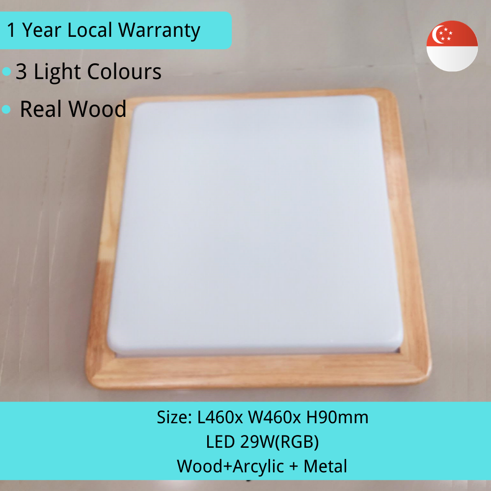 ampm LED Ceiling Light 29W RGB Real Wood Frame Square SG Local Seller Tri Colour Tone Kitchen Lamp Bedroom Living Room Foyer Store room Kid Dinning Japan Style Nordic Minimalism BTO HDB Condo Home 1 Year Warranty Free Shipping