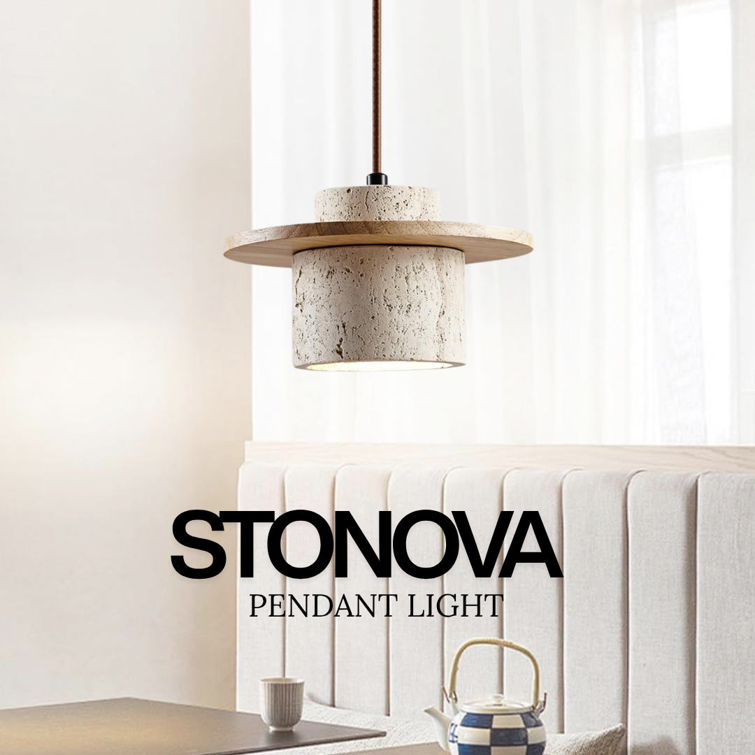 Stonova Travertine Stone Pendant Light E27 – Modern Wood & Natural Stone Hanging Lamp | Nordic Designer Ceiling Light