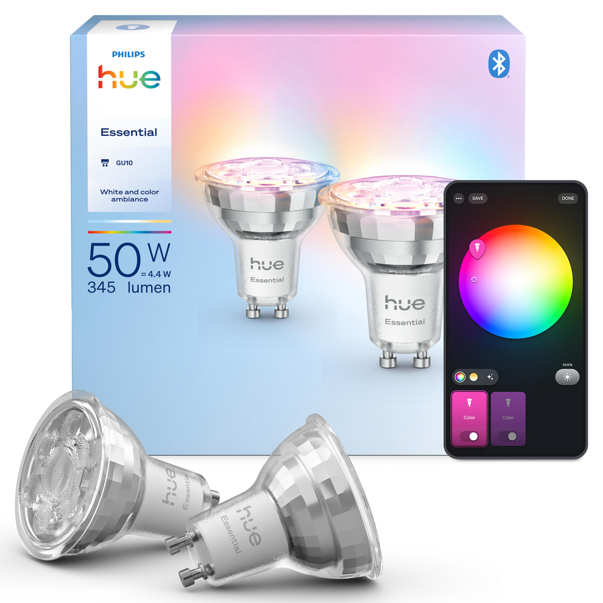 (2 pack) Philips Hue Essential Smart LED E27 White and Color Ambiance 2200K-6500K Dimmable Works with Alexa Google Assistant and Apple Home