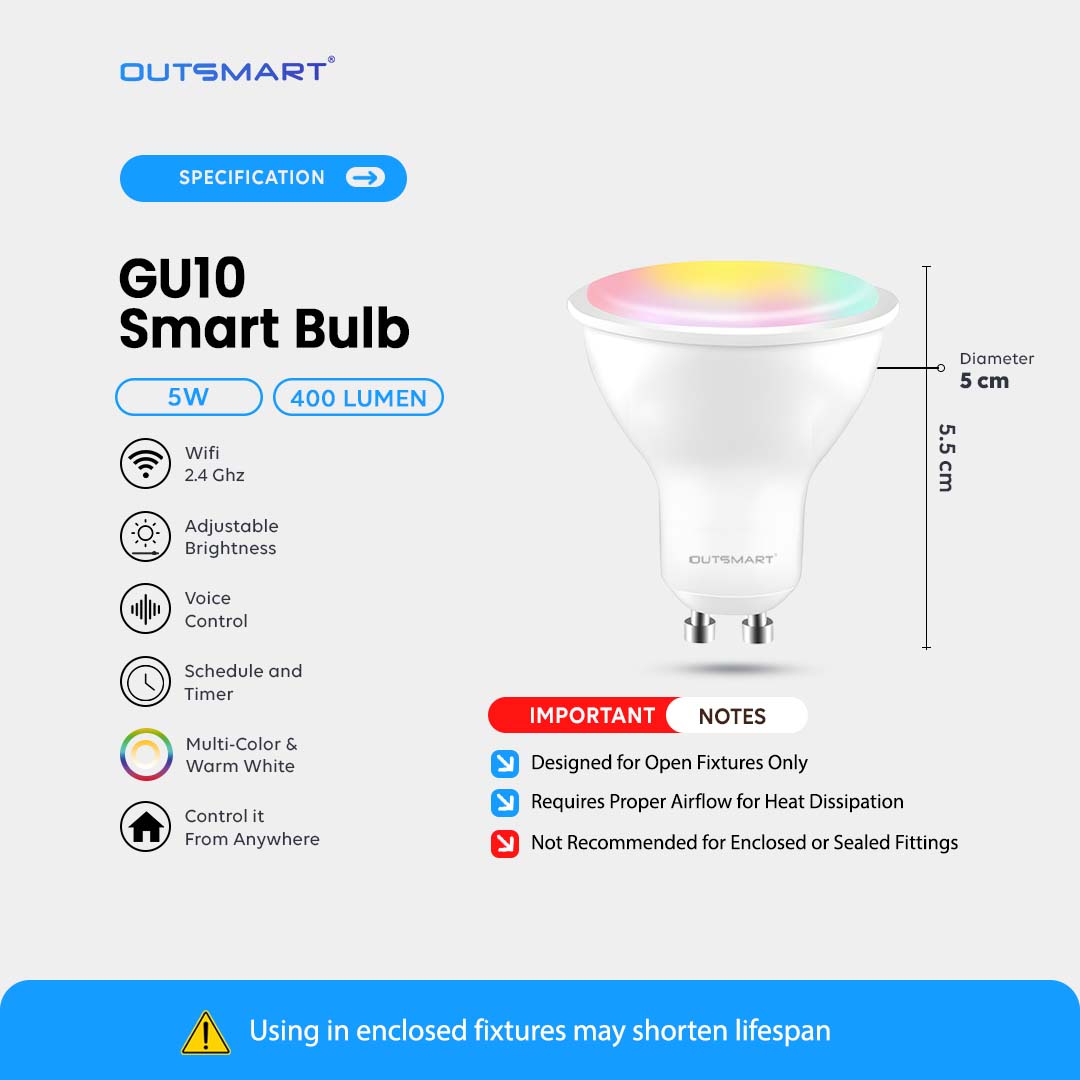 Outsmart WiFi GU10 Smart Bulb 5W – RGBWC LED Spotlight App Control