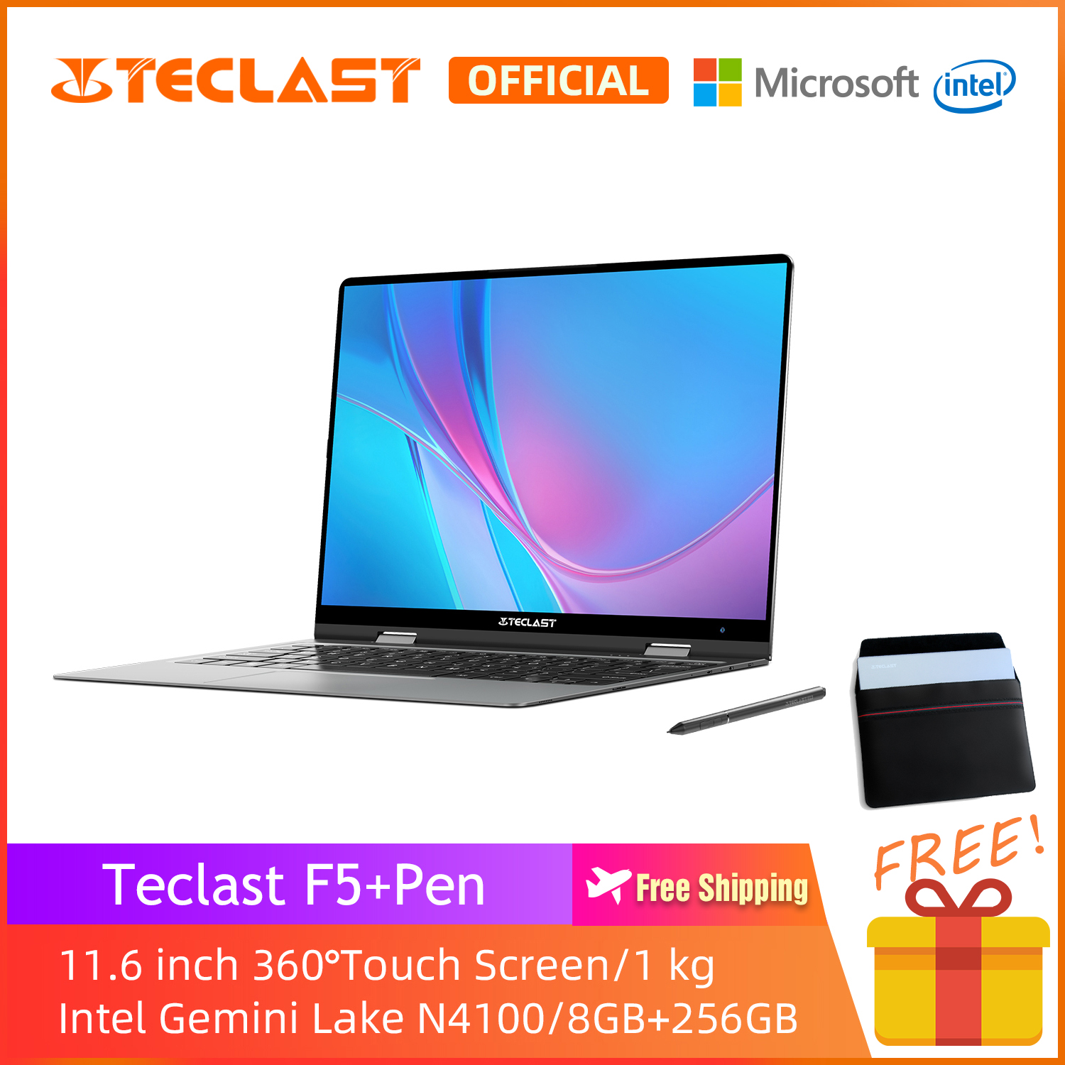 【Teclast Official】 F5 Traditional Laptop/11.6 inch  360° Rotating Touch Screen/Intel Gemini Lake N4100 CPU/1920X1080 Resolution/8GB+256GB SSD/1 kg Ultra-light/Dual Band WIFI