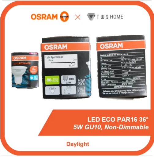 OSRAM- LED ECO PAR16 36° 5W GU10 (3000K/ 4000K/ 6500K) Non-Dimmable Light Bulb (1piece 3pieces or 10pieces) by TWS Home