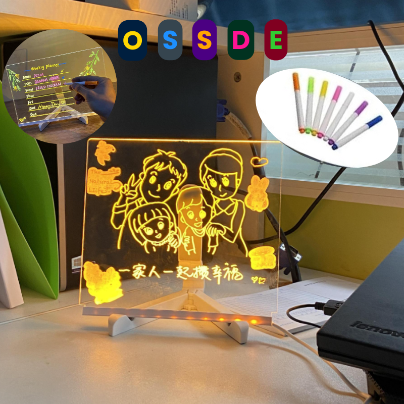 OSSDE LED Note Board with Colors Glowing Acrylic Message Marker Board Light up Dry Erase Board