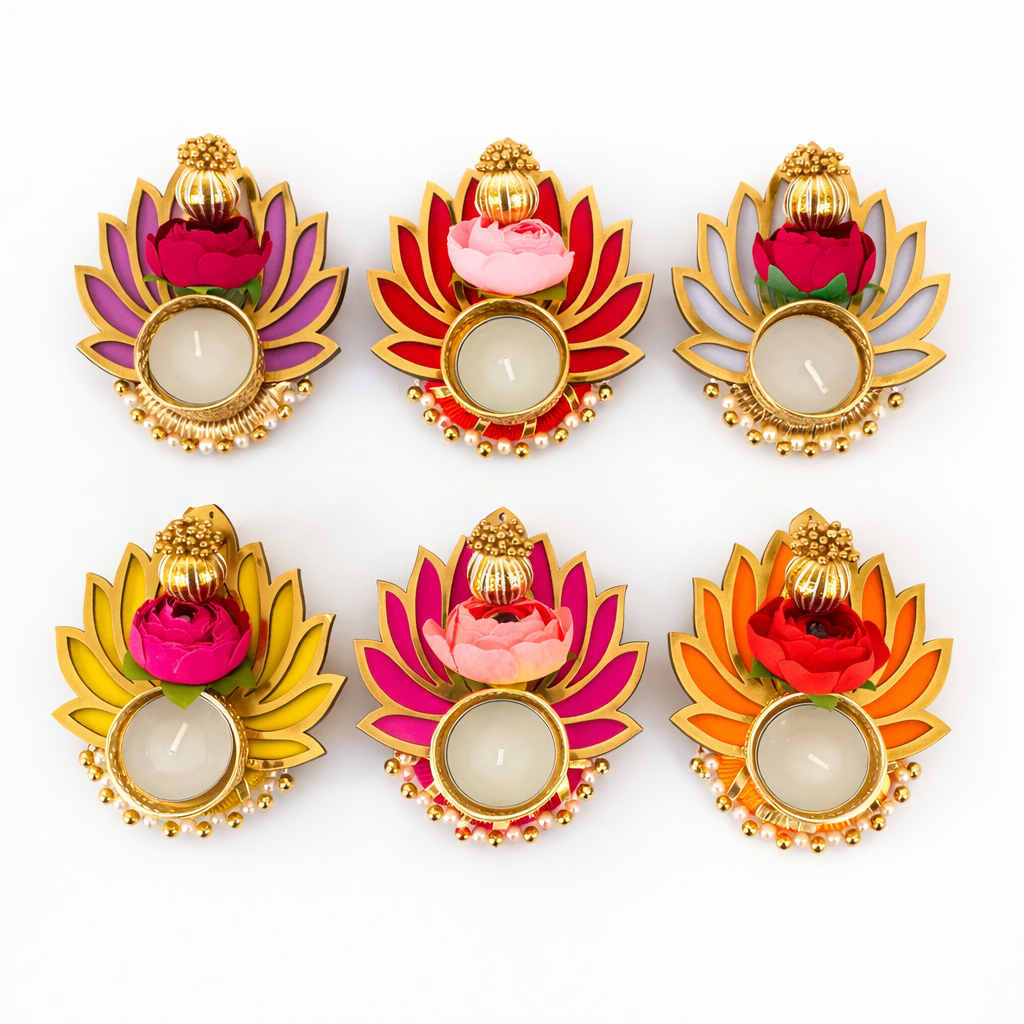 Decorative Handcrafted Lotus Tealight Candle Holder | Reusable Rangoli for Pooja Floor Decor & Festive Diwali Decoration (Pack of 1 Pc)