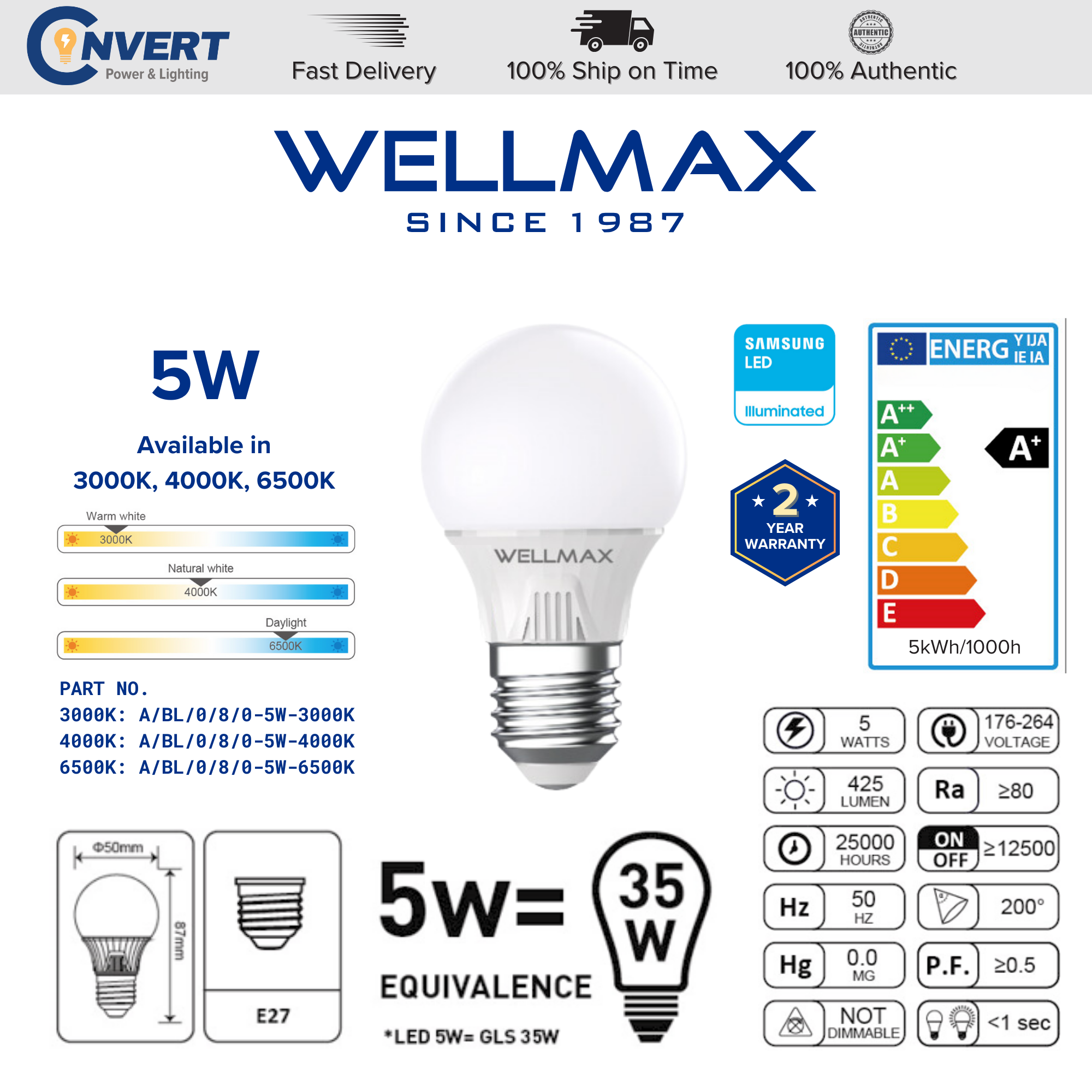 WELLMAX Ballet Samsung LED Light Bulb E27 Energy Efficient Energy Saving Screw Light Bulb 5W 9W 15W 18W 23W