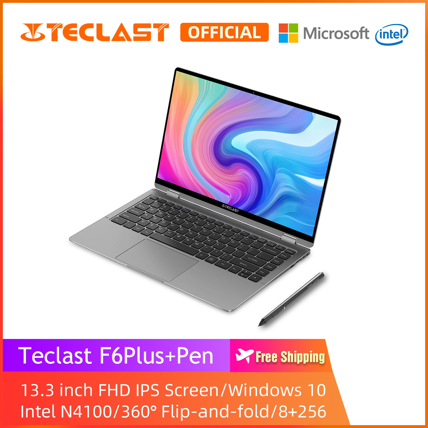 【Teclast Official】F6 Plus Laptop/13.3  inch/ 360° Flip-and-fold Design/FHD IPS Touch Screen/Intel Gemini Lake N4100 CPU/Windows 10/8GB+256GB SSD