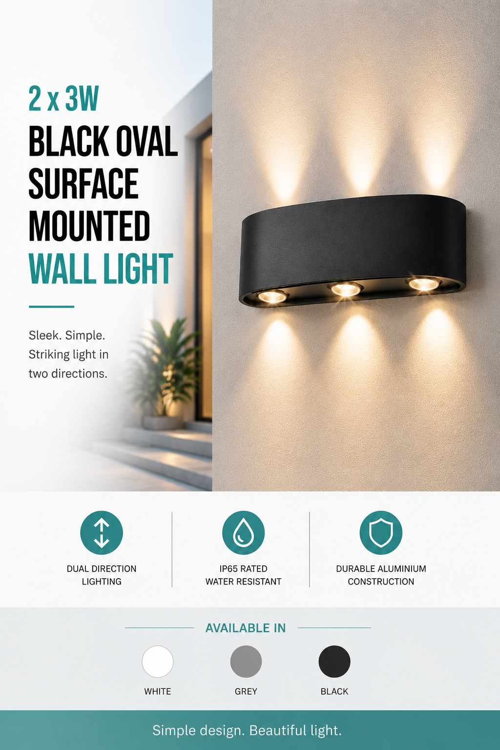 2 x 3W Black Oval Surface Mounted Wall Light