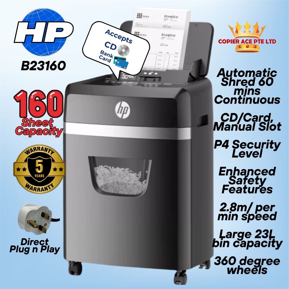 HP B23160cc Auto Feed 160-Sheet Cross Cut Commercial Shredder | CD/Card | 5 Year Warranty +50ml lubricant oil