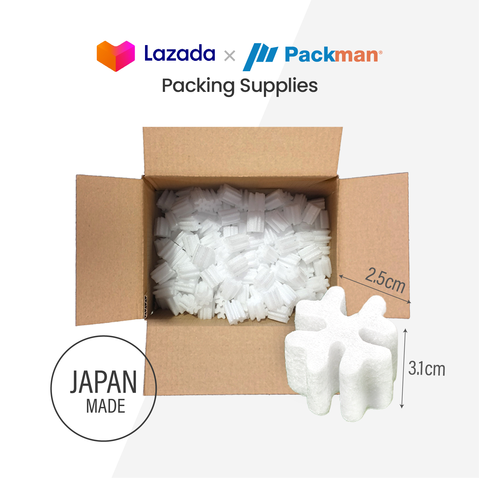 Japan Made Loose Fill Packing Foam Peanuts Cushion for Carton Box Polymailer Bubble Packaging. 2.5cm size 31cm dimension.