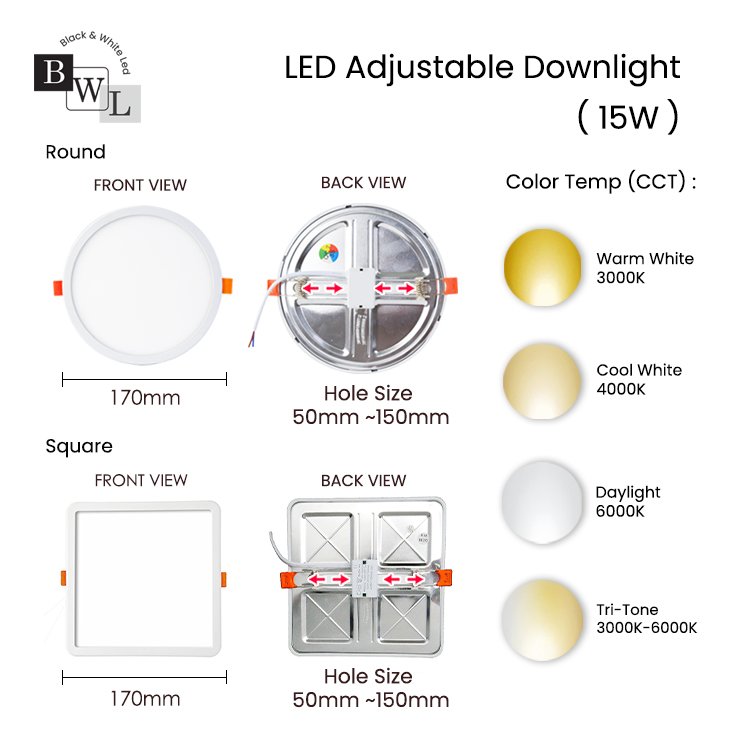 [Buy 3 Free 1]BWL LED LIGHT Recessed Light/LED Downlight Square/ Round Downlight Tri-Tone/3000k/6000k/6W/8W/15W/20W