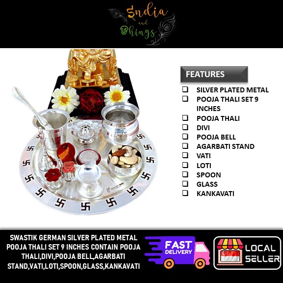 Swastik German Silver Plated Pooja Thali Set 9 Inch Complete Puja Accessories with Bell Agarbati Stand Loti Vati Glass Spoon Kankavati
