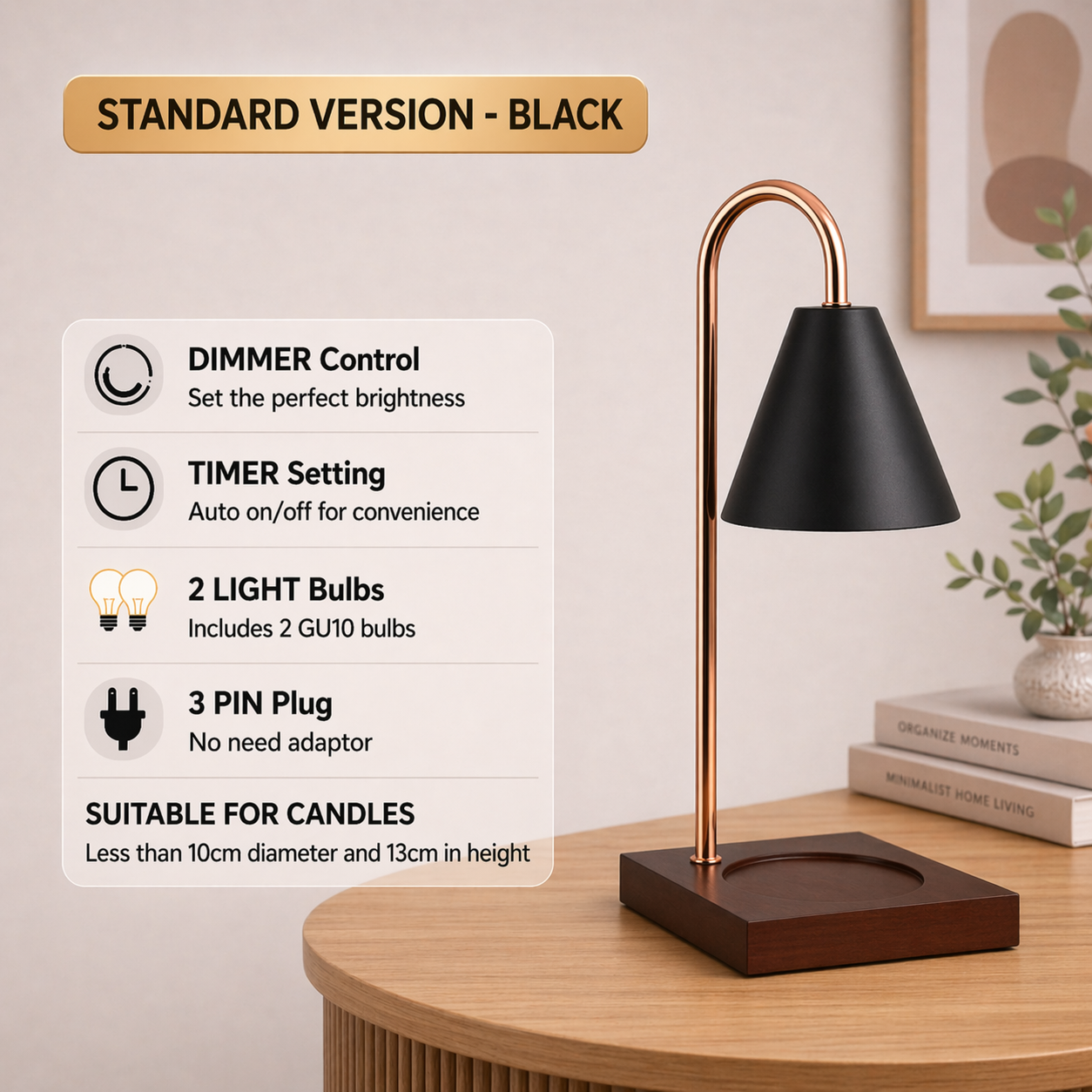 Candle Warmer Lamp Flameless Dimmable with Timer Adjustable Height Remote Control Wooden Base SG Plug 2x GU10 Bulb