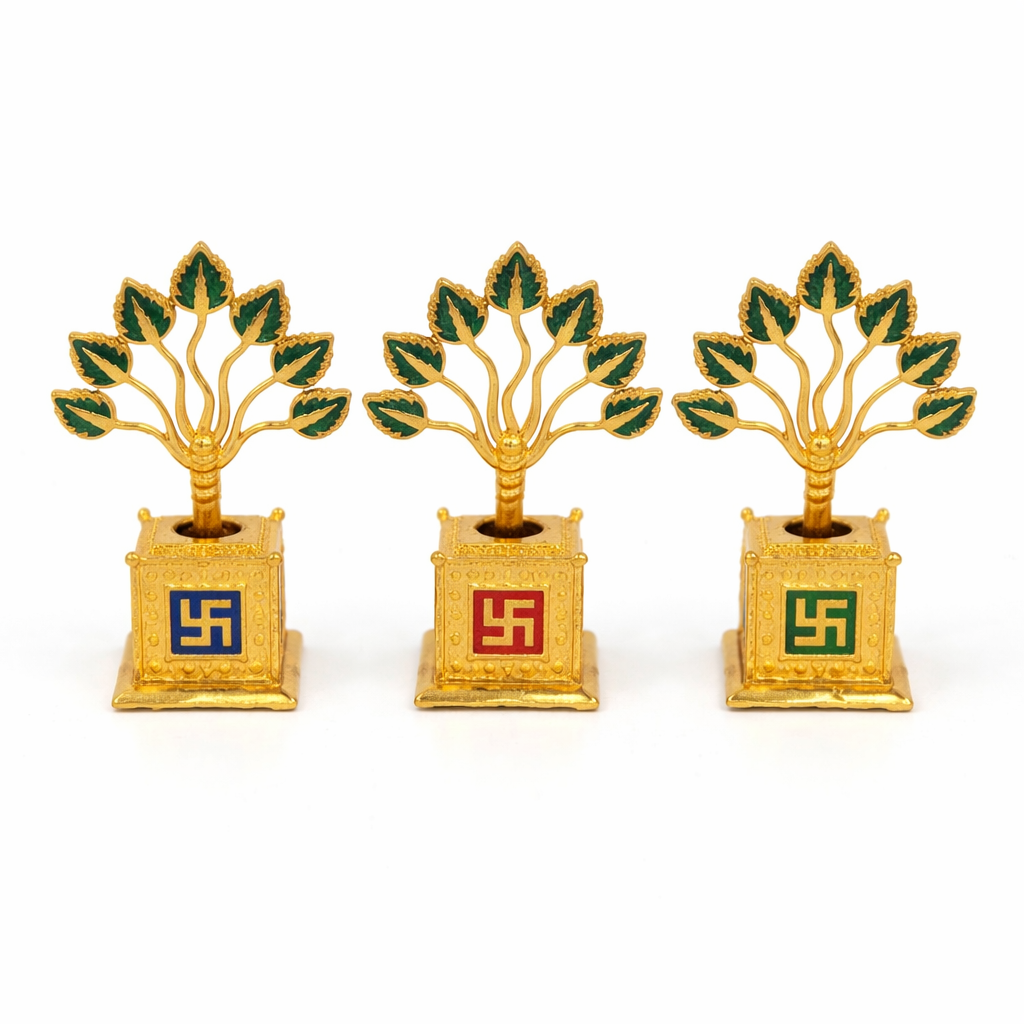 Metal Mini Tulsi Plant with Swastik Base | Gold Plated Vastu Tree for Home Office Pooja Room & Car Dashboard Décor (Height - 2.5 Inch | Pack of 1)