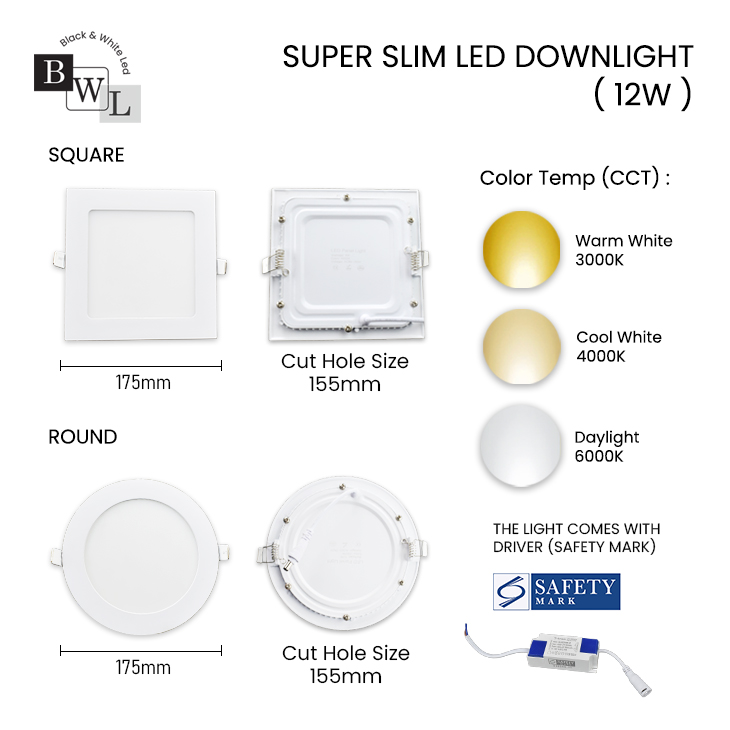 [BUY 2 FREE 1] BWL LED Recessed Downlight With Safety Mark Driver/Downlight Square/ Round 9W 12W 18W