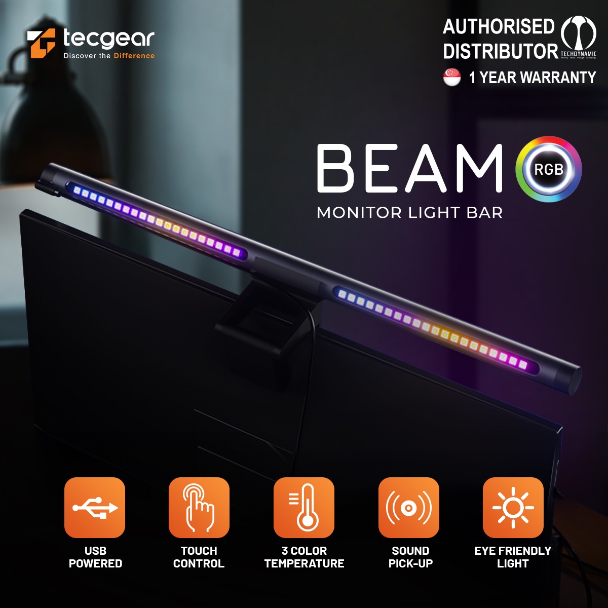 Tecgear Beam Monitor Light Bar LED Light for Computer Monitor Lamp Hue Adjustment USB Powered Lamp for Desk/Gaming/Home/Office Monitor