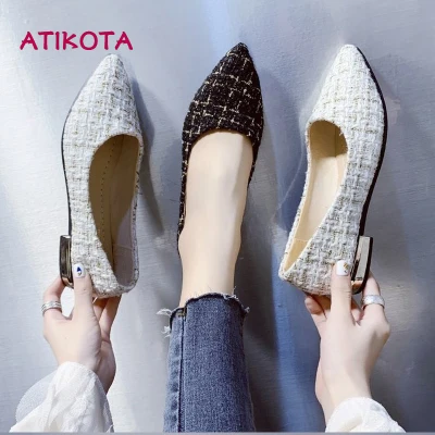 Atikota Women Flat Shoes Pointed Toe Work Shoe Slip on Suede Leather Kasut