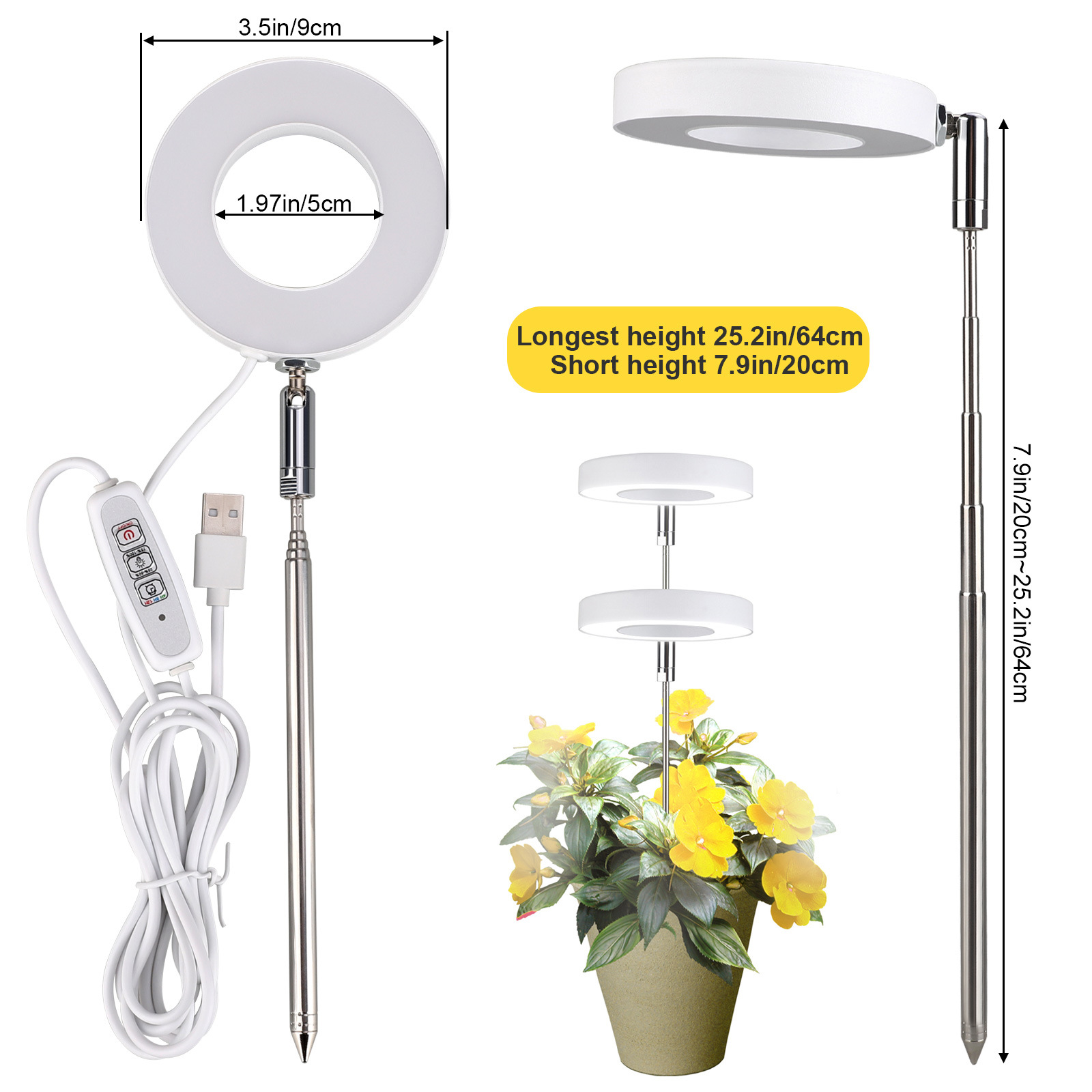 LED Grow Light Full Spectrum Plant Light For Indoor Hydroponics Plants Lamp Height Adjustable with Auto On/Off Timer
