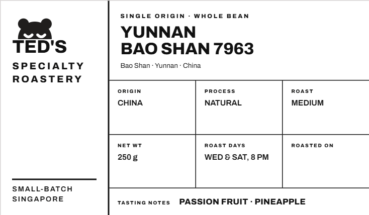 Yunnan Bao Shan 7963 Natural Coffee Beans (Medium Roast, Fruity) 250 Grams
