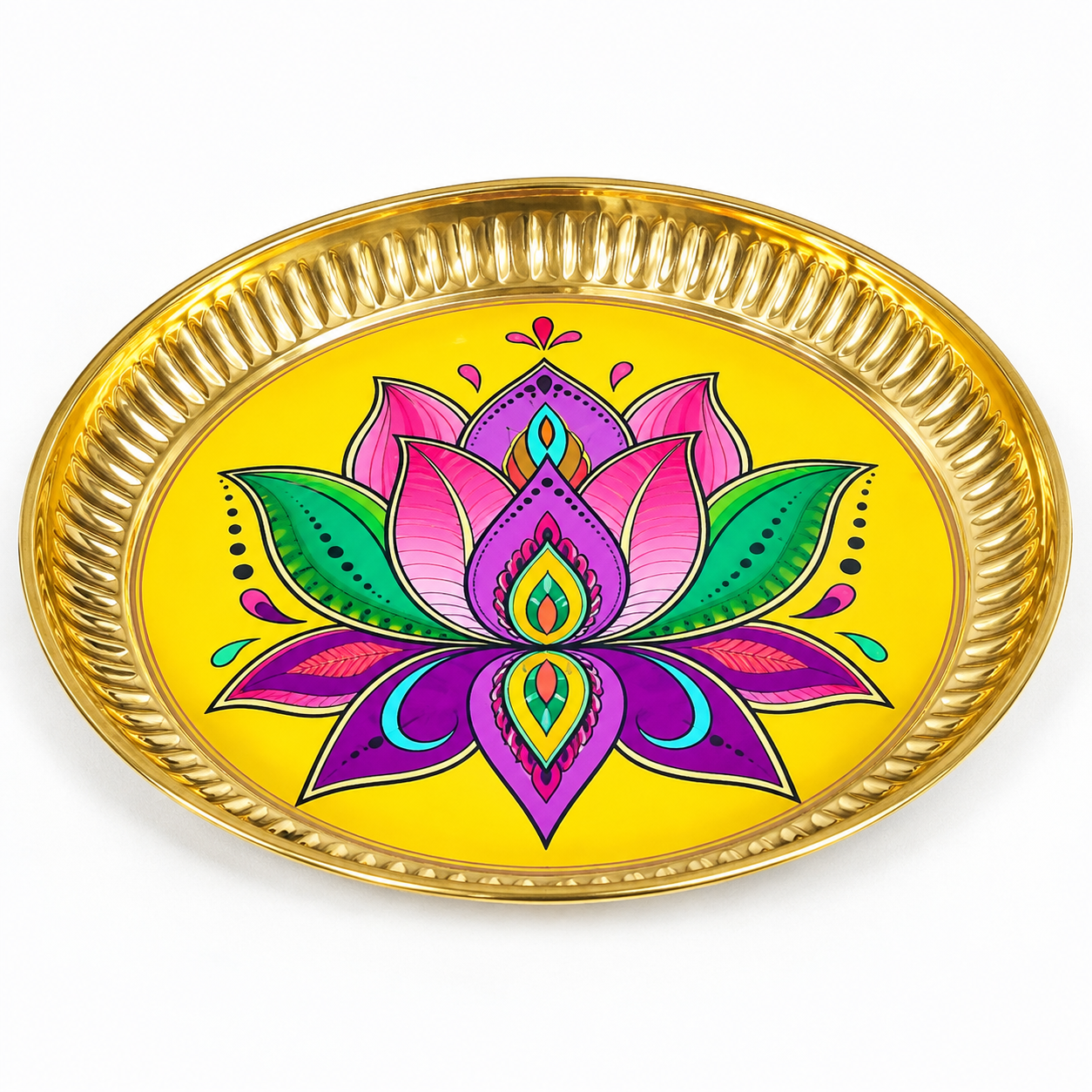 Brass Pichwai Heavy Plate 6 Inch | Decorative Pooja Thali with Colorful Lotus Design for Home Temple Festivals Gifting & Home Decor (Pack of 1 Pc)