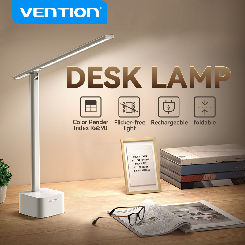 Vention Desk Lamp 3-Level Color Temp USB C Rechargeable Plug-in 180° Foldabl No Visible Flicker Protects Eyes for Student Teacher Worker Study Work Reading