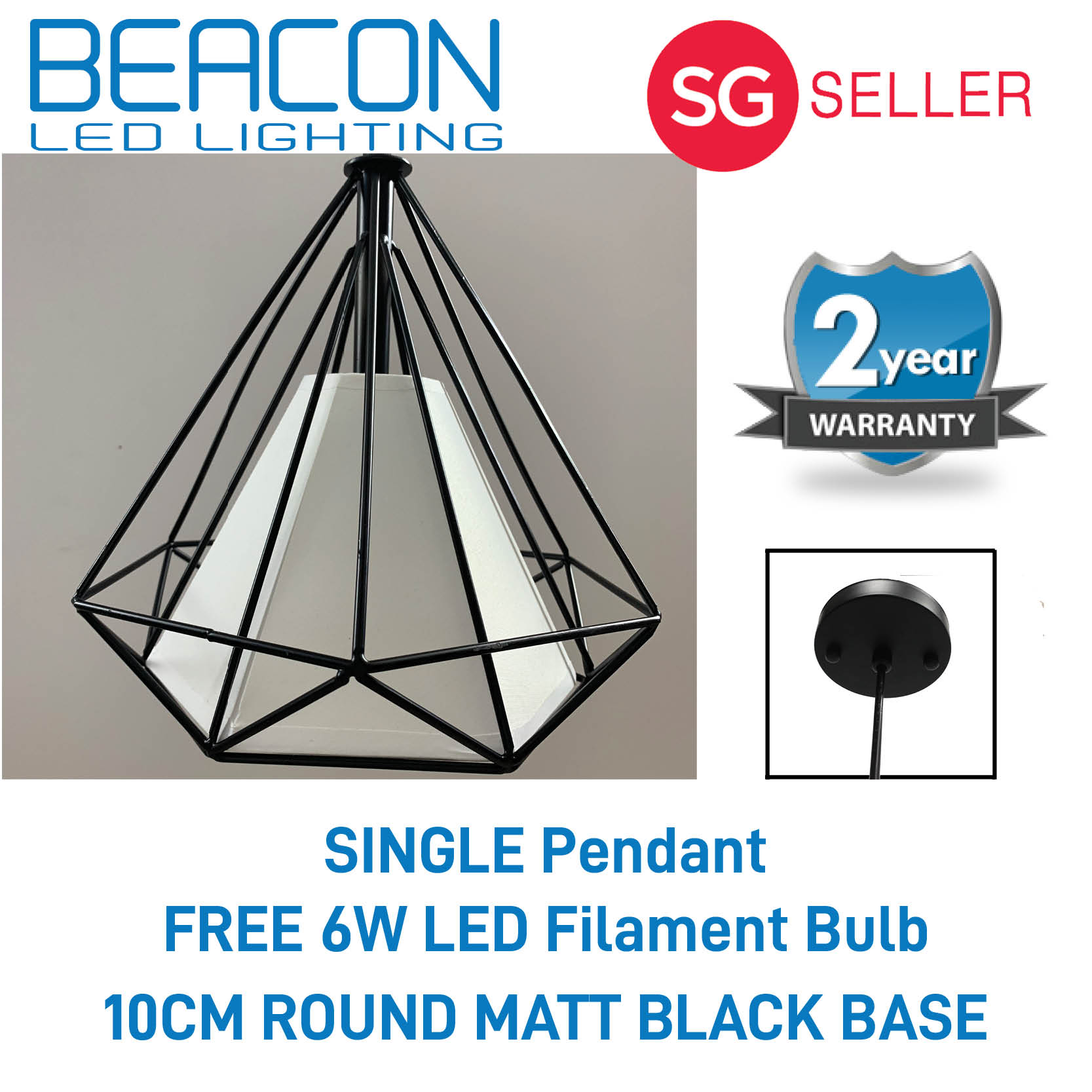 BEACON LED (LOCAL SELLER WITH WARRANTY) Metal Pendant Light -25cm Diamond - Matt Black (Single/Three Head) - FREE 6W LED FILAMENT BULB