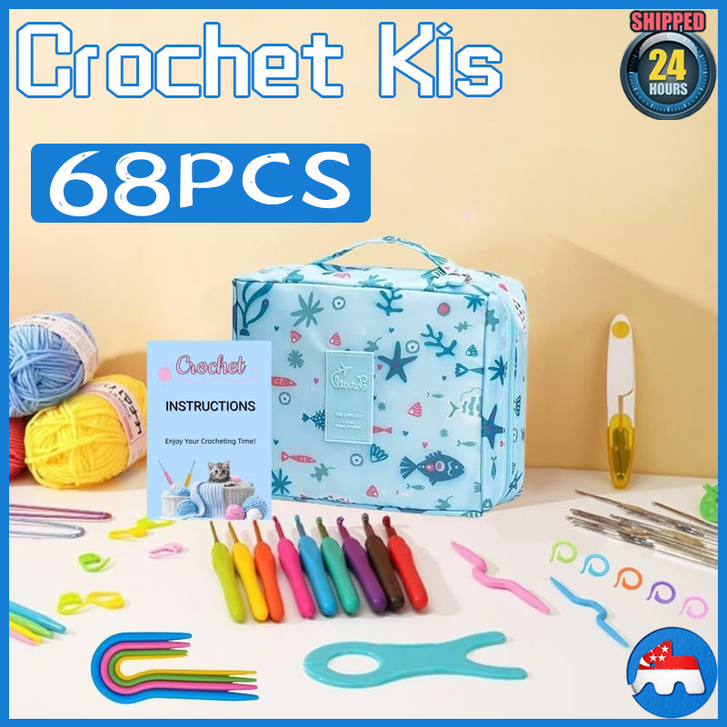 🇸🇬 [In Stock]Crochet Kit 68 Pcs Set Yarn Knitting Needles Sewing Tools Weave Knit Full Set DIY Crochet Hook Set