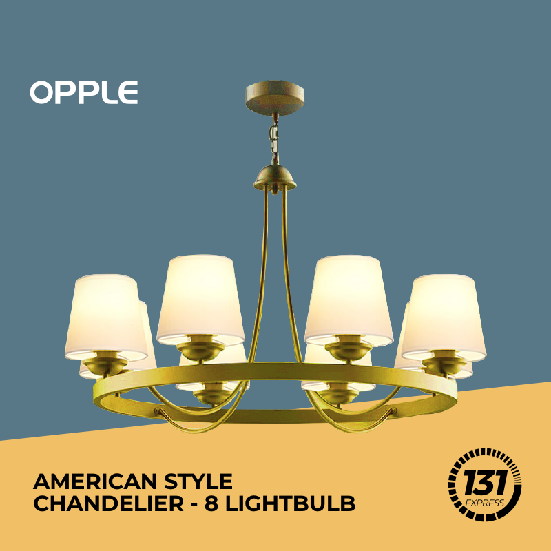 OPPLE American Style Chandelier Classic Vintage Frosted Wrought Iron & Fabric Lampshade for Living Room