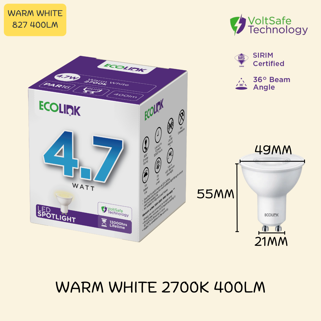 ECOLINK GU10 LED SPOTLIGHT 4.7W 36D 2700K/4000K/6500K