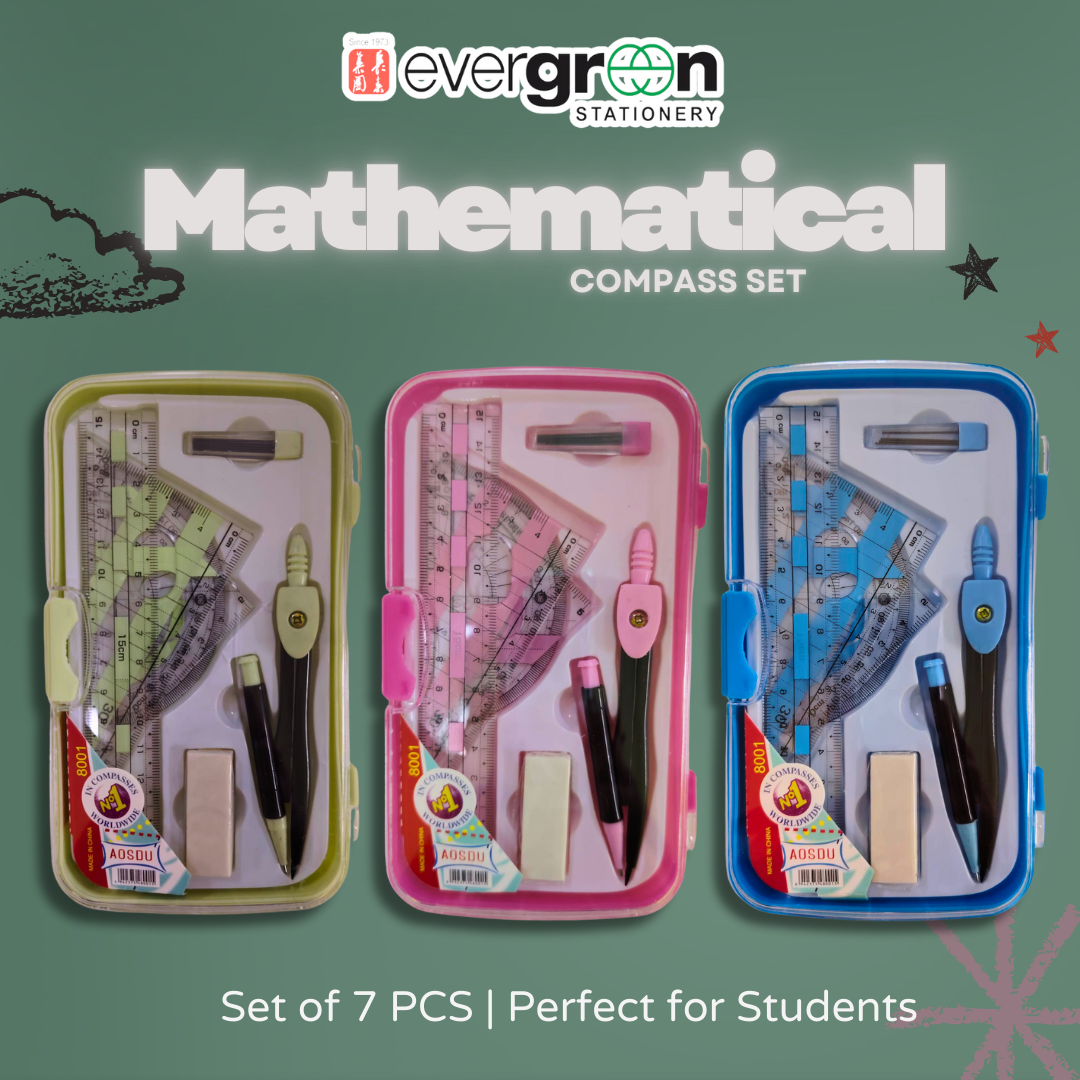 [SG] 7-Piece Mathematical Compass Set – 3 Colors (Green Blue Pink) [Evergreen Stationery]