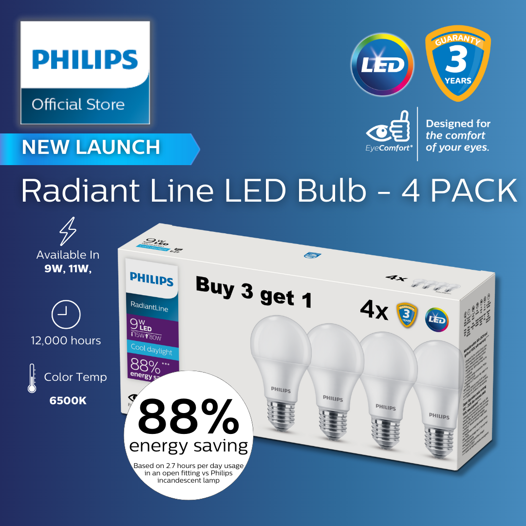 Philips Radiant Line LED Bulb – 4 Pack (Buy 3 Get 1 Free) | Extra Brightness 88% Energy Saving 6500K Cool Daylight