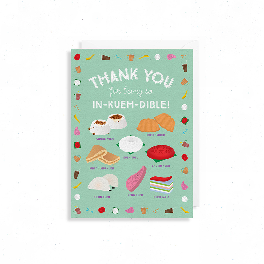 Singapore Souvenir Greeting Card – (Thank you / Thanks / Happy Teachers Day / Teacher) In-kueh-dible Kueh Nonya Perenakan Ang Gu Tutu Peng Lapis Soon kueh Bahulu