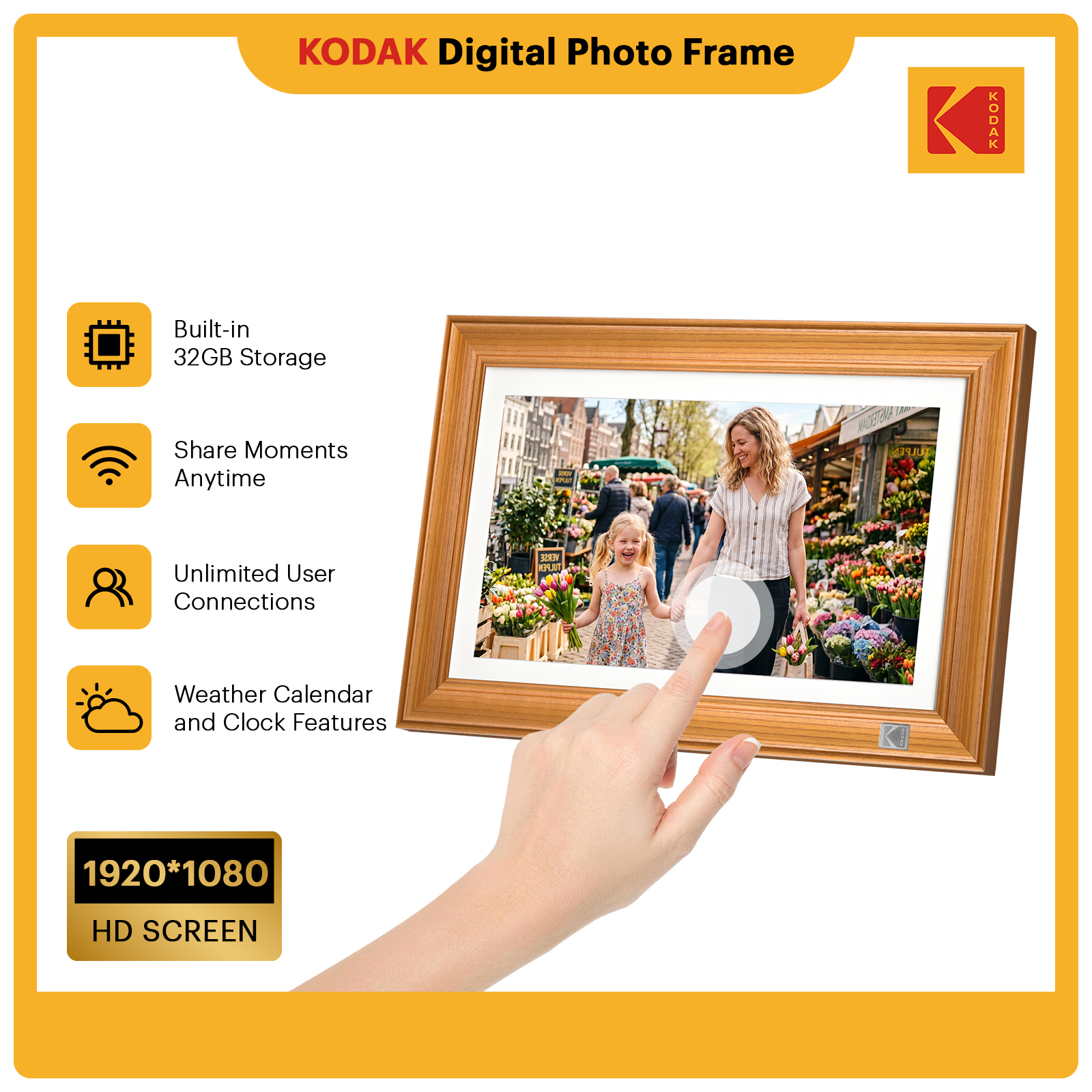 ODAK 14.1 Inch Smart WiFi Digital Picture Frame 1920x1080 Touch Screen Auto-Rotate Built in 32GB Memory Share Photos and Videos for Anywhere Anytime for Friends and Family
