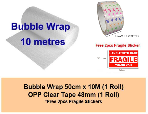 [Bundle] Bubble Wrap 50cm x 10m OPP Clear Tape 48mm Free Fragile Stickers