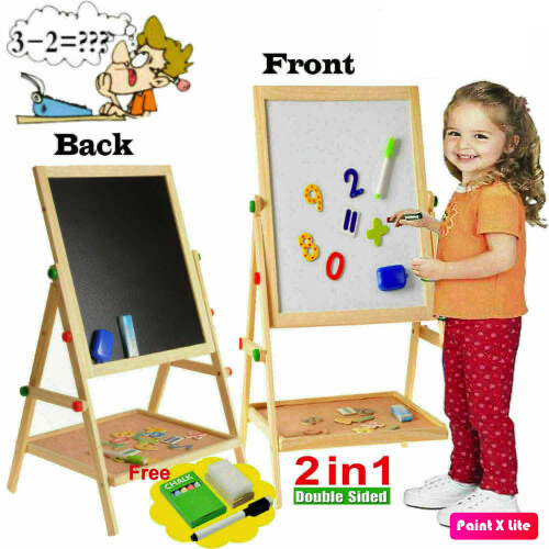 2 in 1 Magnetic Wooden Kids Adjustable Blackboard and Whiteboard Double Sided Writing Board