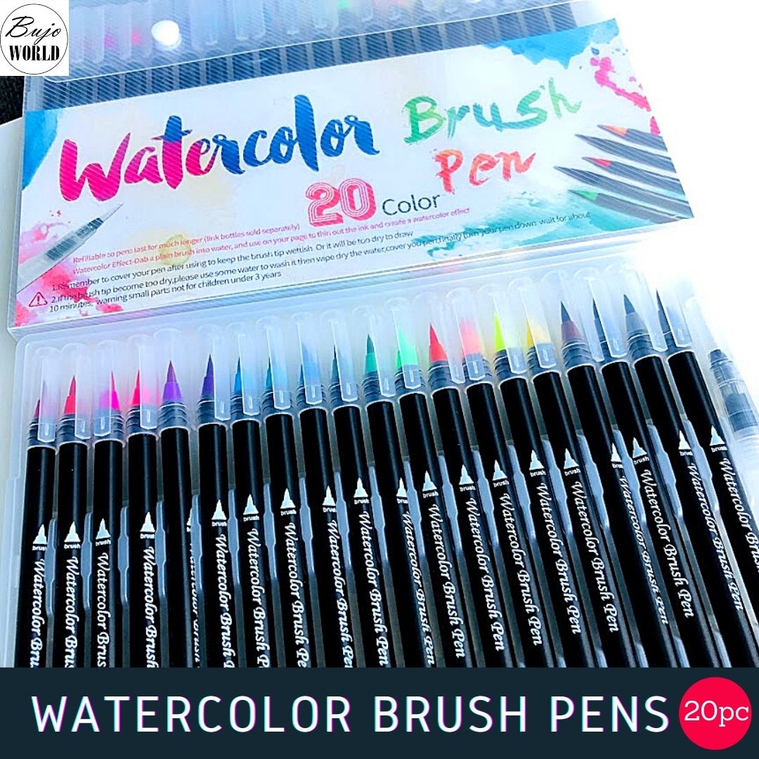 BujoWorld Watercolor Brush Pen 20+1 Set - 20 Colors Water Based Drawing Marker Brushes w/1 Soft Watercolor Brush Pen for School Supplies Drawing Coloring Books Manga for Calligraphy Drawing Sketching Coloring Book Bullet Journal Art Projects