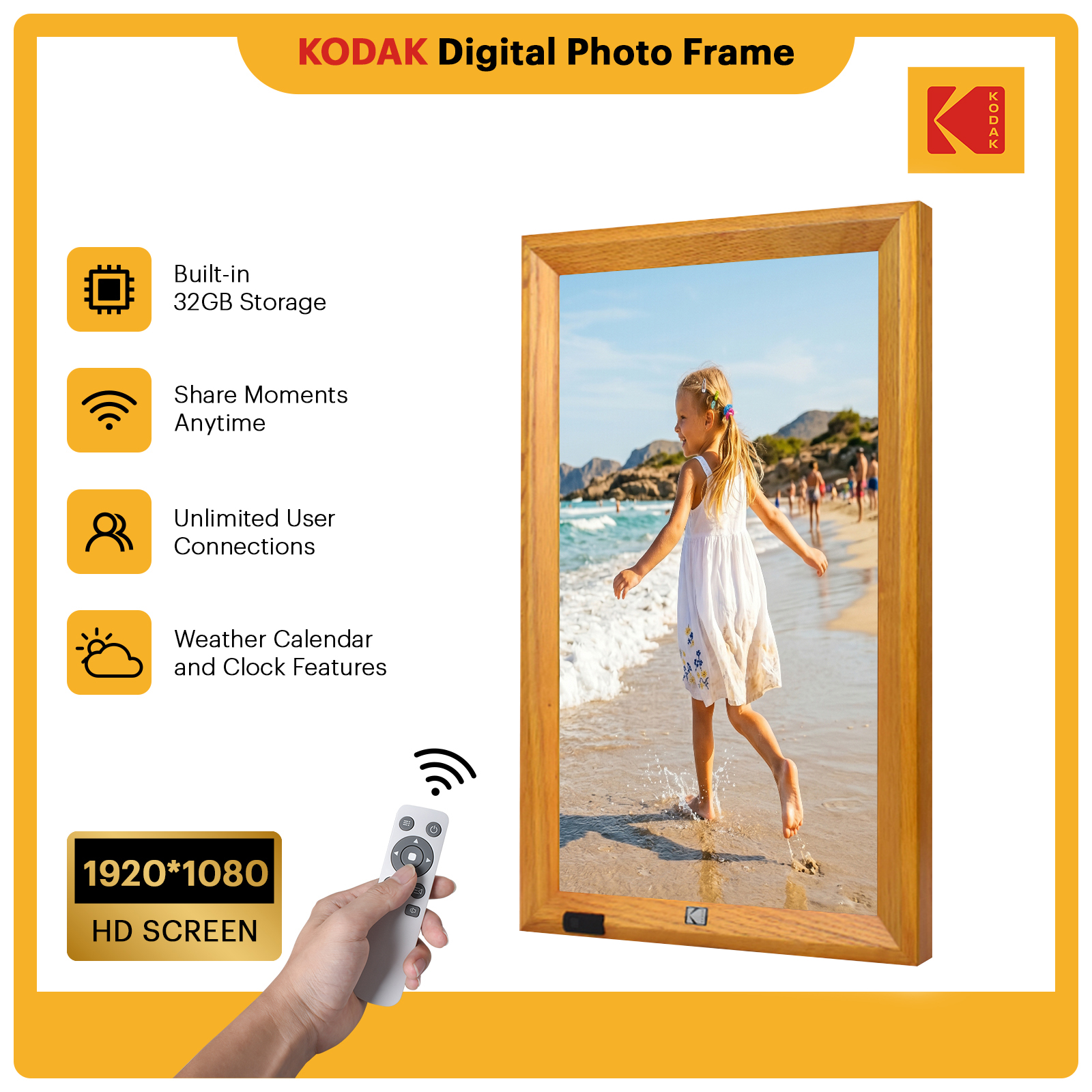 KODAK Digital Photo Frame 23.8 Inches WiFi Electronic Picture Frame Large with 32GB Memory 1920*1080 IPS Screen FHD Wooden Digital Frame Share Photos & Videos via APP or USB Remote Control Auto-Rotate Motion Sensor