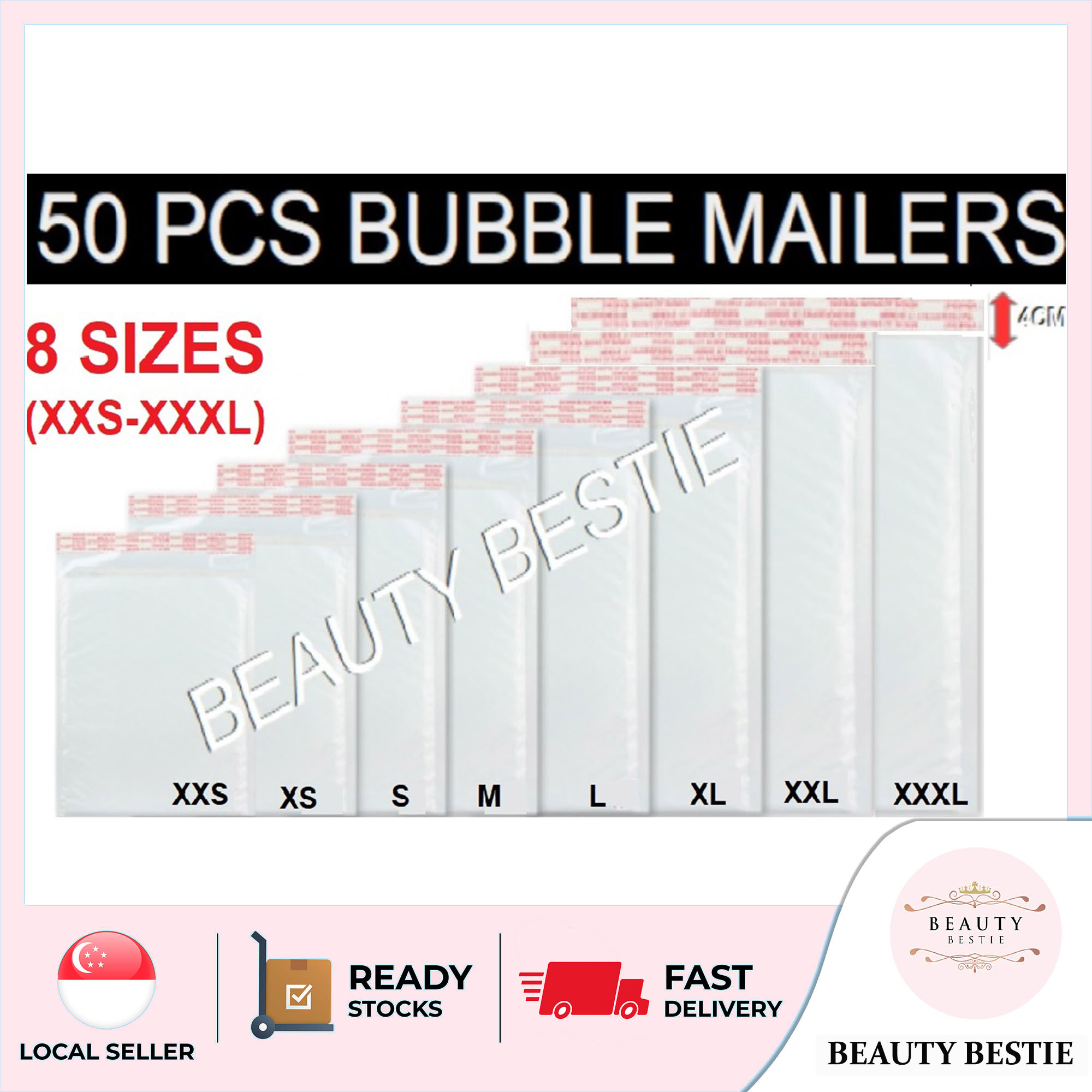 *50 PIECES* POLYMAILER ENVELOPES (8 SIZES) SG SELLER *FAST DELIVERY* Good Quality Waterproof Glossy Pearl White Polymailer Padded Plastic Quick Packing Protective Polymailer Online Air Bubble Courier Poly Mailer Bag with Safe Adhesive Seal