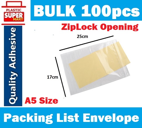 100pcs [ 17cm x 25cm ] A5 Size Zipper Resealable Zip to Seal close Plastics Clear Packing List Slip Envelope Mailing Back Adhesive Pouch Bag