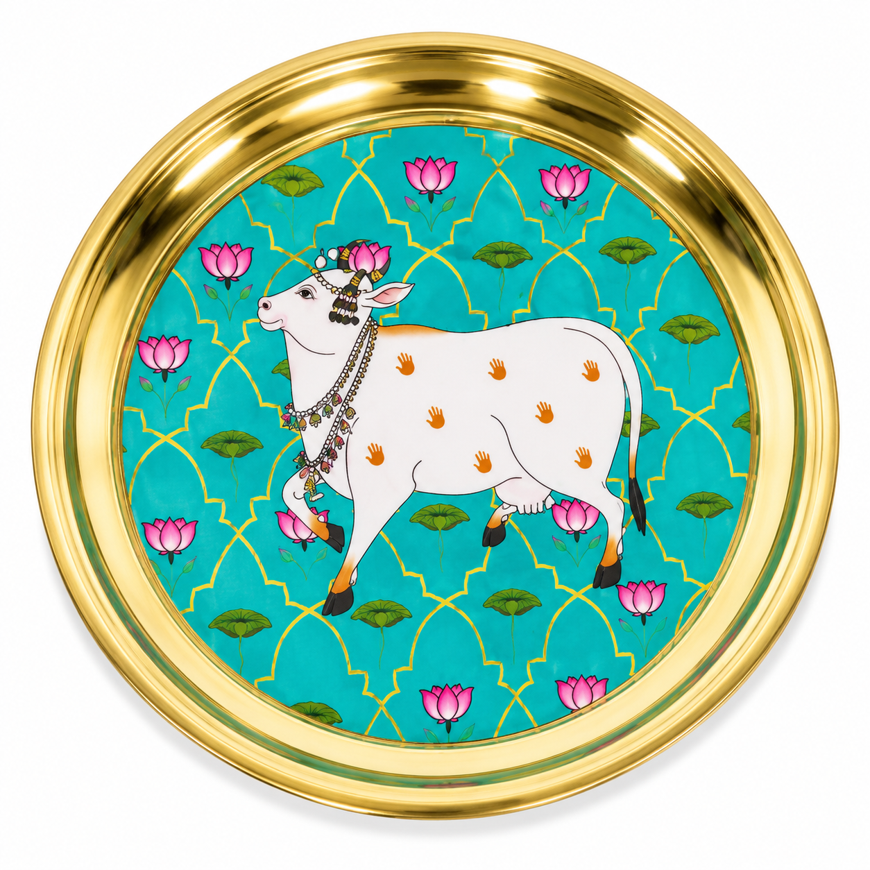 Pichwai Printed Brass Pooja Thali Plate | Decorative Brass Puja Plate for Aarti Temple Diwali & Festive Gifting (Size - 7.5 inches | Pack of 1 pc)